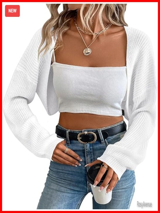 Sweaters - Long Sleeve Cropped Bolero Shrug Cardigan Open Front Knit